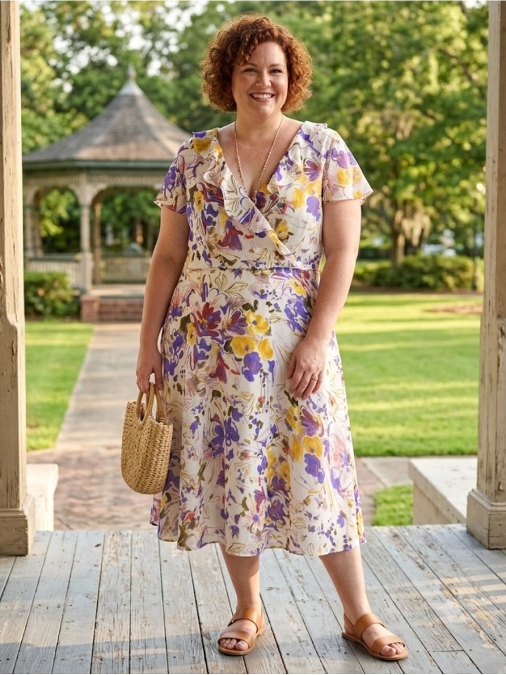 George White Floral Midi Dress with Purple & Yellow Blooms Size 12